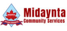 A red and white logo for midayaa community services.