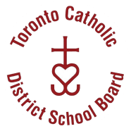 A red and white logo for the toronto catholic district school board.